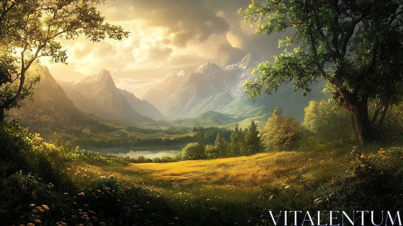 Sunlit valley breathes quietly beneath watchful crystal peaks