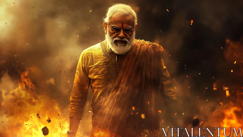 Older man in traditional clothing walking through heavy fire