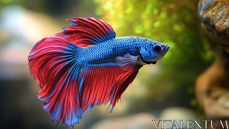Vivid blue and red betta fish gliding through soft bokeh.