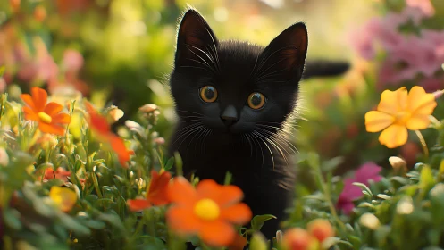 Ebony Kitten Emerges Amid Wildflower Garden Blooms.