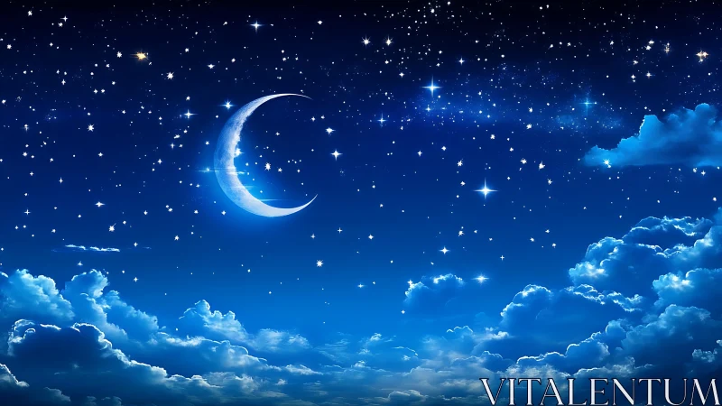 Crescent moon glows above luminous clouds and starfield.