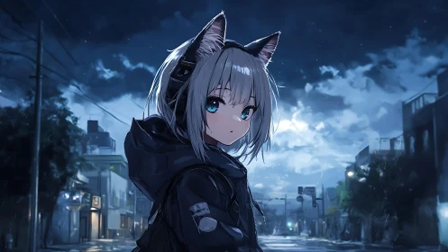 Cat-eared girl wandering a rainy neon-blue city night.