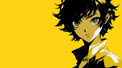 Sharp-eyed anime boy stands against flat yellow backdrop