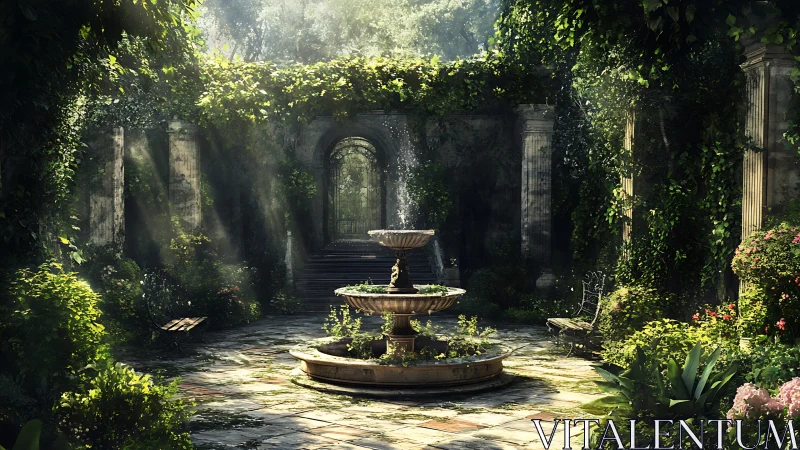Sunlit fountain whispers in a vine-draped secret courtyard