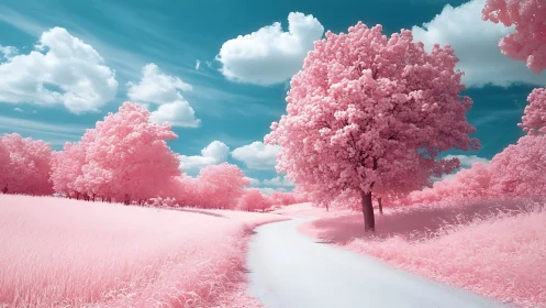 Infrared-rendered rural path with pink foliage under cyan sky