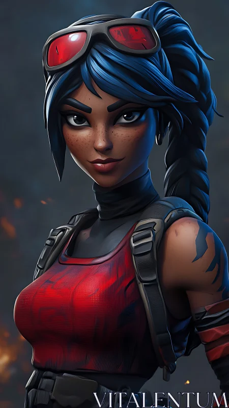 Armored female character with blue hair and red goggles.