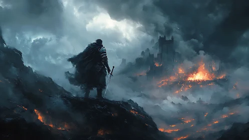 Solitary armored figure overlooking burning distant fortress.