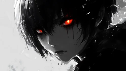 Smoldering gaze of dark-haired anime antihero in shadowed void.