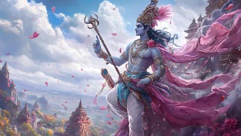 Divine blue deity strides above temples in rose-petal winds.