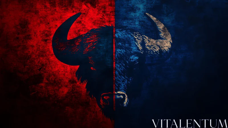 Split buffalo silhouette divides red and blue textured field