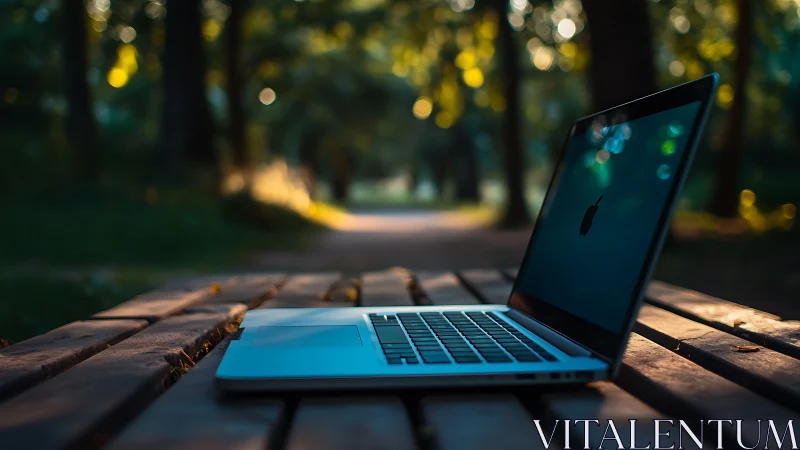 Open laptop rests on wooden bench in sunlit forest path