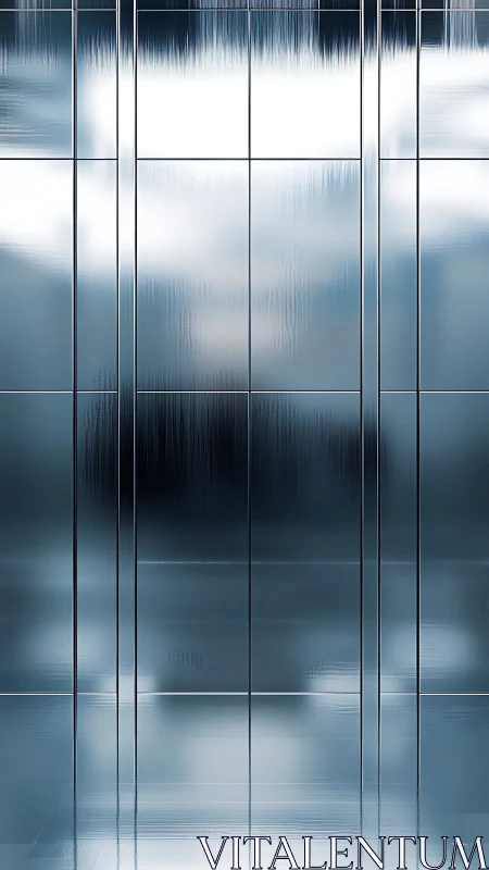 Photorealistic frosted glass facade with vertical grid symmetry.