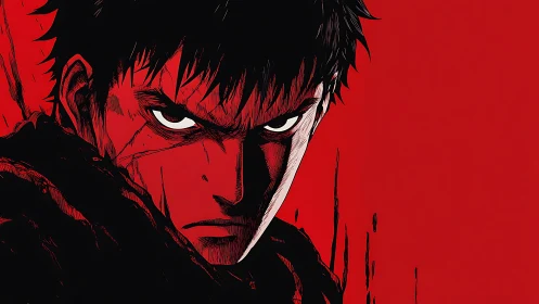 Brooding anime warrior glares against a stark blood-red void