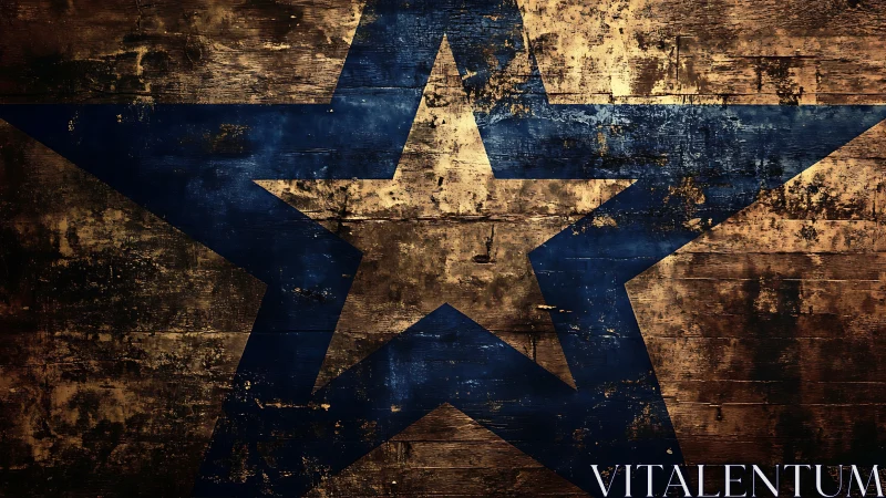 Weathered cobalt star blazing across rustic timber night.