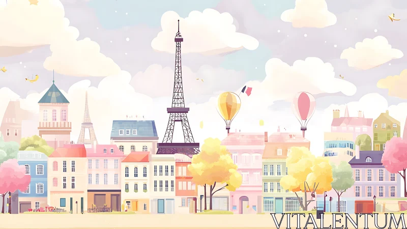 Pastel Paris cityscape with Eiffel Tower and hot air balloons.