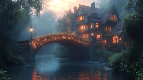 Fairy-tale riverside cottage and arched bridge glow at dusk