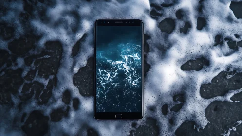 Phone cradling a tiny ocean in dark foamy waters.