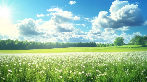 Sunlit grassy field with white wildflowers under clouded sky.