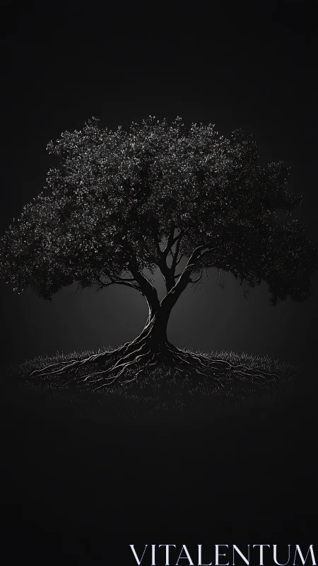 Solitary tree silhouette with exposed roots on dark ground.
