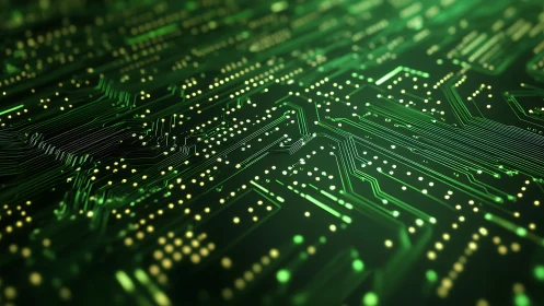 Green circuit board macro glows with luminous data pathways.