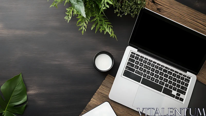 Minimal laptop workspace with coffee and green plants.