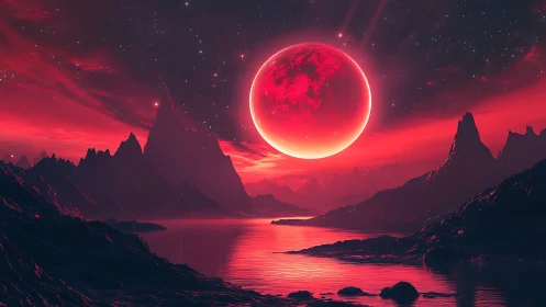 Crimson moon rolls above razor peaks and liquid fire horizon