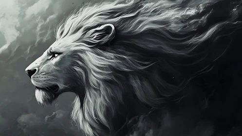 Monochrome lion profile with dynamically rendered flowing mane