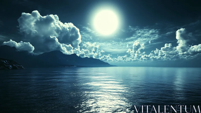 Luminous full moon over tranquil ocean and shadowed coast.