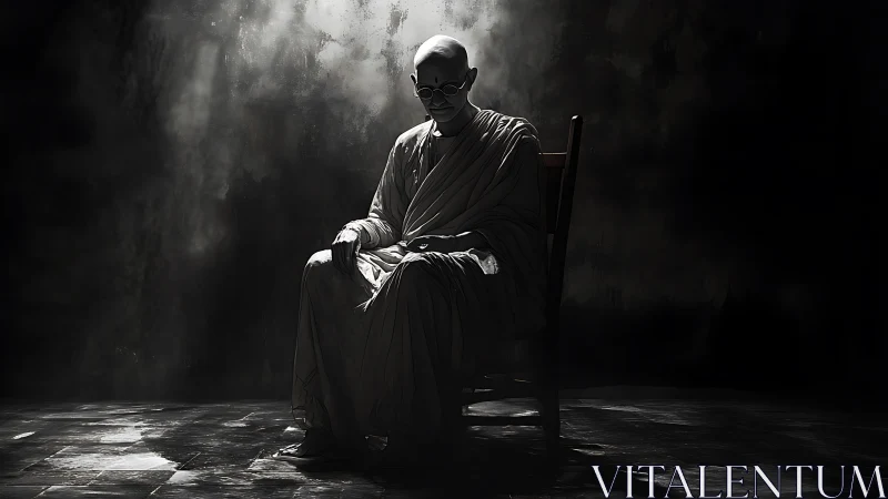 Quietly reflective monk resting in a pool of soft light.