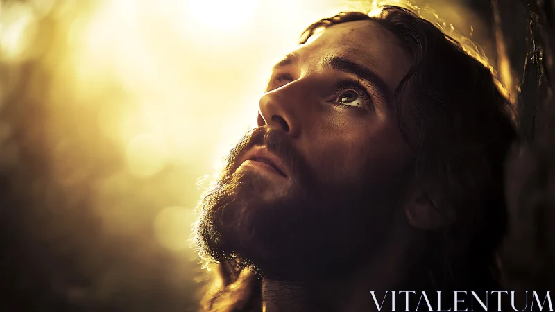 Backlit contemplative bearded man in golden sun flare portrait