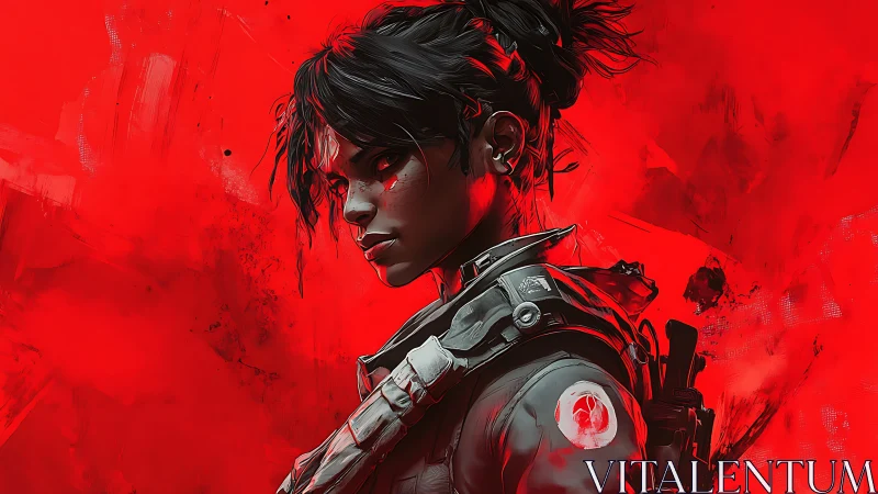Defiant tactical operative in red dystopian digital portrait.