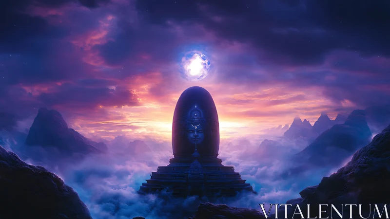 Cosmic lingam temple rising through ethereal violet clouds.