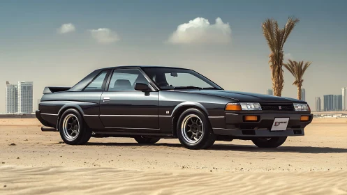 Dark grey 1980s coupe car parked on sandy desert edge