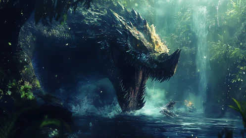 Gigantic aquatic dragon lunges from misted jungle lagoon