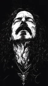 Monochrome male portrait with long hair and pendant.