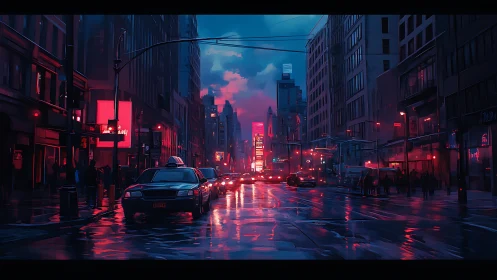 Neon city avenue reflects rain-soaked nocturnal energy.