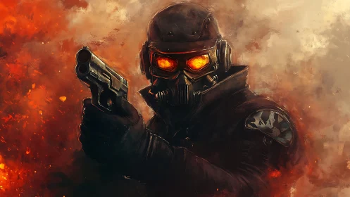 Armored gunfighter advances through burning battlefield.