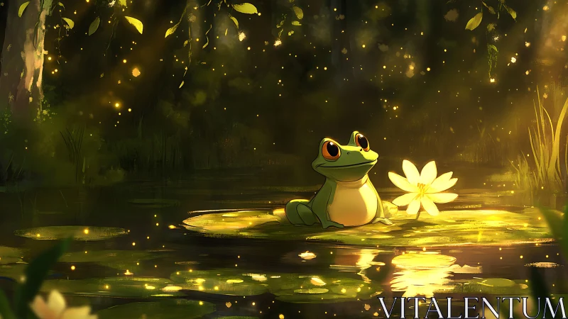 Cartoon frog on lily pad under glowing forest lights.