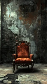 Ornate velvet armchair in decayed industrial interior.