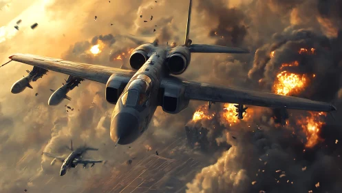 Futuristic strike aircraft dive through firelit storm clouds.