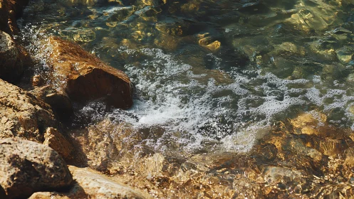 Rock shoreline with shallow clear water and foamy waves