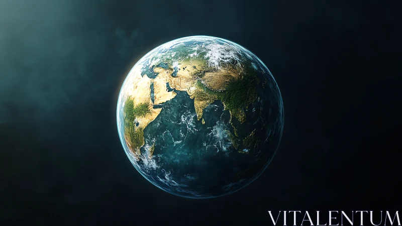 Luminous Earth drifting in cosmic dusk over silent oceans.