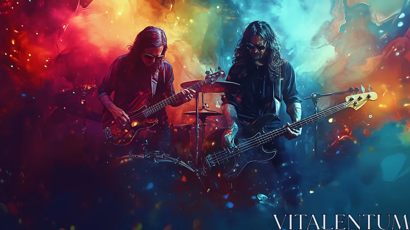 Digital painting of rock duo in neon-saturated concert haze.