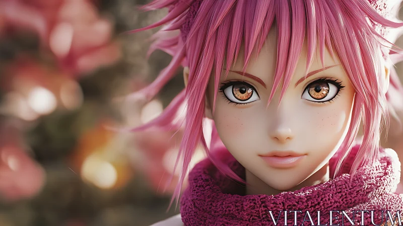 Pink haired anime portrait with warm bokeh background focus.