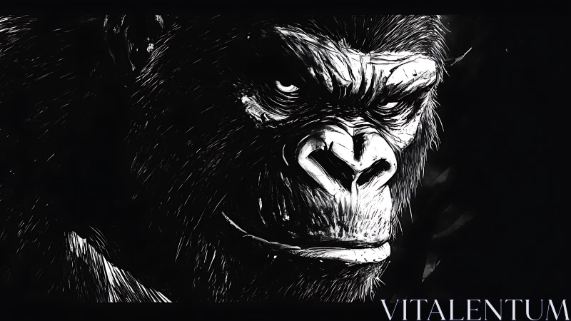 Monochrome gorilla portrait with high contrast lighting.