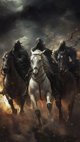 Hooded spectral riders charge through embers and storm clouds.