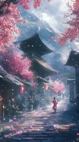 Vertical village street frames pagoda roofs and cherry blossoms