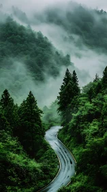Serpentine Mountain Road Through Misty Temperate Forest Landscape.