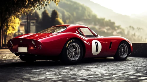 Photorealistic rear three-quarter of classic red race coupe.