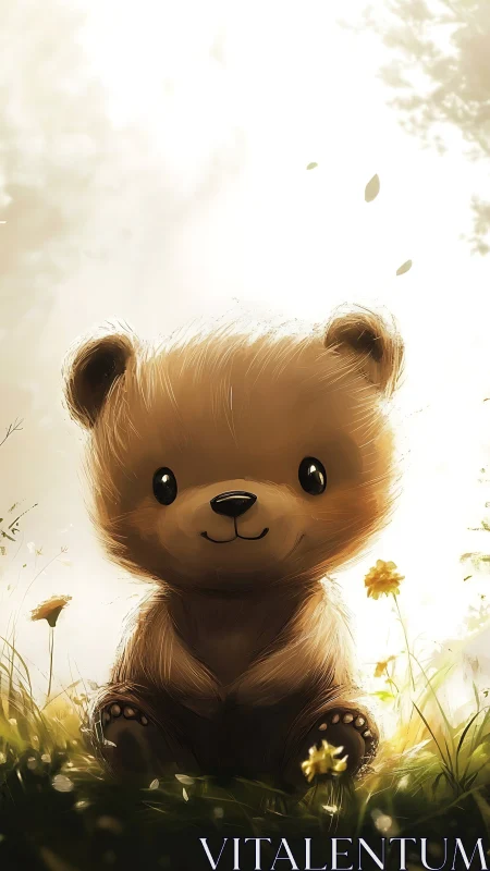 Backlit fluffy teddy bear in sunlit meadow with soft bokeh glow